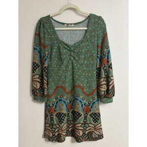 70s STYLE PULLOVER SWEATER DRESS W HIPPIE PRINT LONG SLEEVE Medium